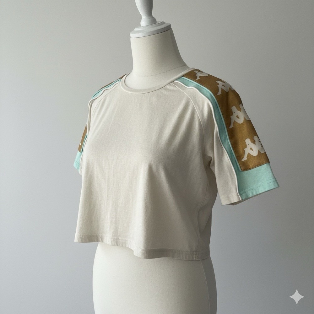 KAPPA Skater Y2K 90s Retro Crop Top Logo Cream Gold Streetwear - Medium